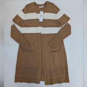 Eleven Eleven Brown And Cream Striped Open Duster Sweater Cardigan Small [269]